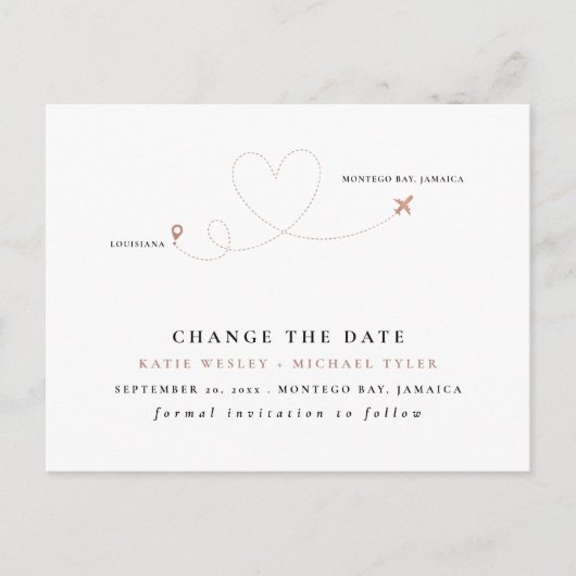 Carte Postale Faire-part Rose Gold Destination Mariage Modifier la date (Devant)