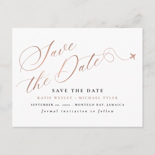 Carte Postale Faire-part Rose Gold Destination Wedding Enregistrer la date (Devant)