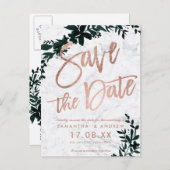 Carte Postale Faire-part Rose gold écriture Fleurs de marbre vert enregistr (Devant / Derrière)