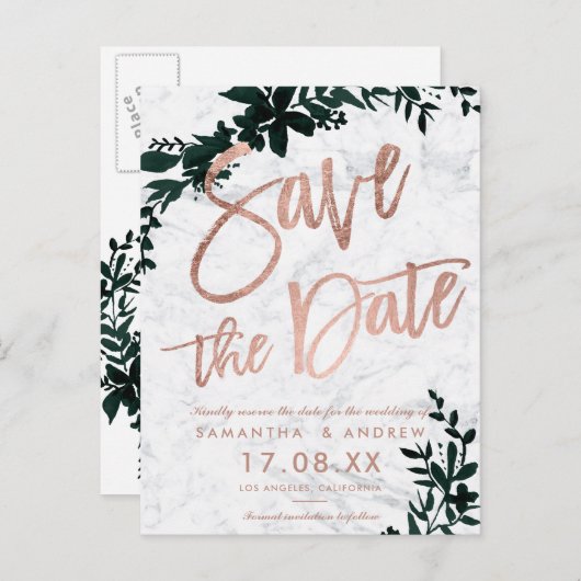 Carte Postale Faire-part Rose gold écriture Fleurs de marbre vert enregistr (Devant / Derrière)