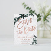 Carte Postale Faire-part Rose gold écriture Fleurs de marbre vert enregistr (Debout devant)