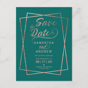 Carte Postale Faire-part Rose gold écriture géométrique vert save the date