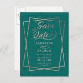 Carte Postale Faire-part Rose gold écriture géométrique vert save the date (Devant / Derrière)