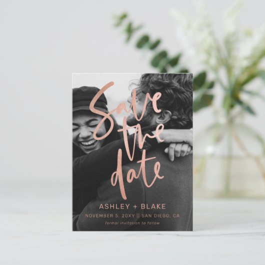 Carte Postale Faire-part Rose Gold Écriture Manuscrite Photo Enregistrer la (Debout devant)