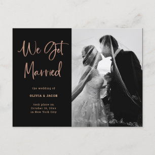 Carte Postale Faire-part Rose Gold Élégant sur Noir Mariage Photo