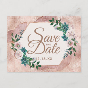 Carte Postale Faire-part Rose Gold et Succulents Rose Pâle Enregistrez la D