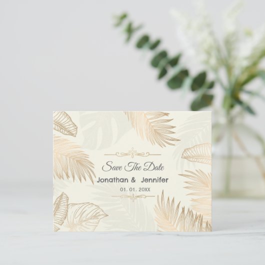 Carte Postale Faire-part Rose gold feuille et palmier save the date mariage (Debout devant)
