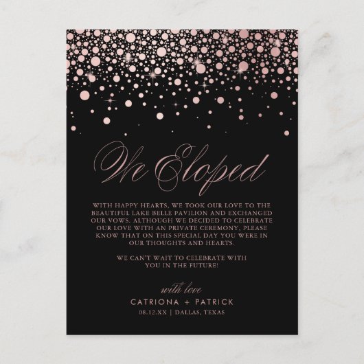 Carte Postale Faire-part Rose Gold Foil Confetti Black Mariage Elopement (Devant)