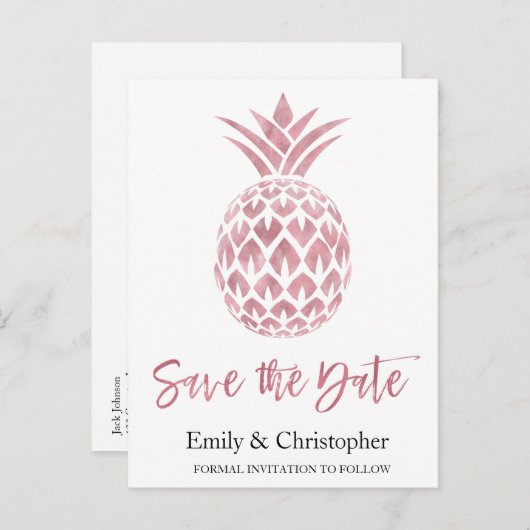 Carte Postale Faire-part Rose Gold Foil Wedding Enregistrer la date Ananas (Devant / Derrière)