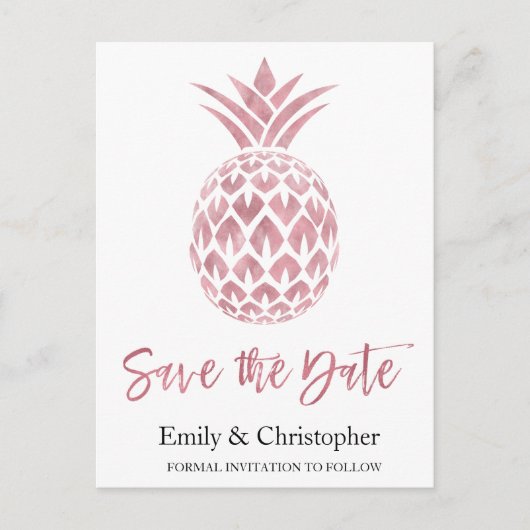 Carte Postale Faire-part Rose Gold Foil Wedding Enregistrer la date Ananas (Devant)