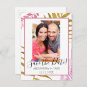 Carte Postale Faire-part Rose Gold & Gold Foil Tropical Enregistrer la date (Devant / Derrière)