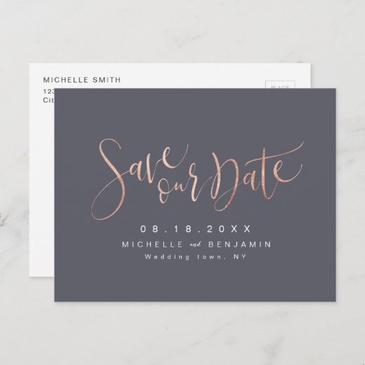 Carte Postale Faire-part Rose Gold Grey Moderne Simple Script Enregistrer L (Devant / Derrière)