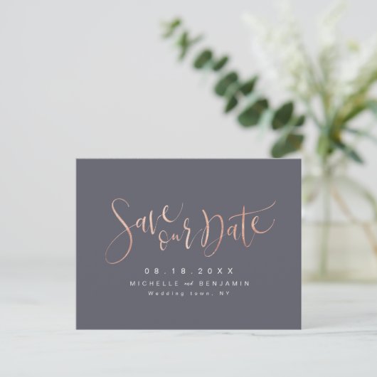 Carte Postale Faire-part Rose Gold Grey Moderne Simple Script Enregistrer L (Debout devant)