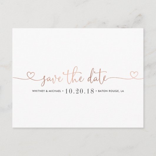 Carte Postale Faire-part Rose Gold Heart Enregistrer la date (Devant)