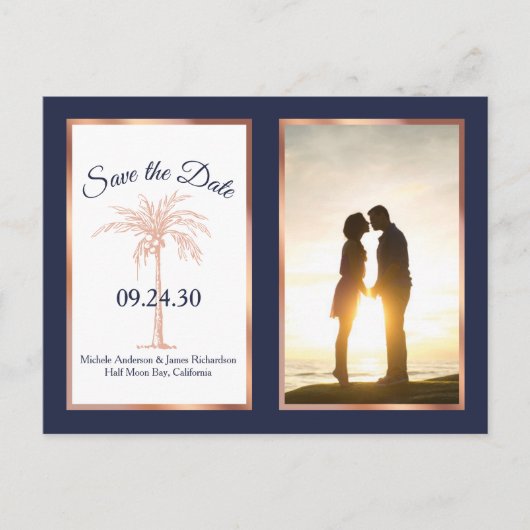 Carte Postale Faire-part Rose Gold Navy Palm Wedding Enregistrer Date Photo (Devant)