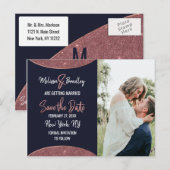 Carte Postale Faire-part Rose Gold Pailleté Bleu Marine Rond Événement à Sa (Devant / Derrière)