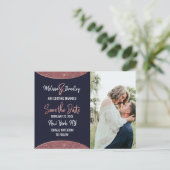 Carte Postale Faire-part Rose Gold Pailleté Bleu Marine Rond Save the Date (Debout devant)
