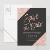 Carte Postale Faire-part Rose gold pailleté écriture gris foncé save the da (Devant / Derrière)