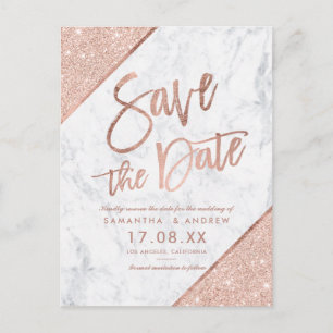 Carte Postale Faire-part Rose gold pailleté écriture marbre save the date