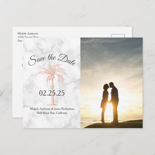 Carte Postale Faire-part Rose Gold Palm Tree Marble Mariage Enregistrer Dat (Devant / Derrière)