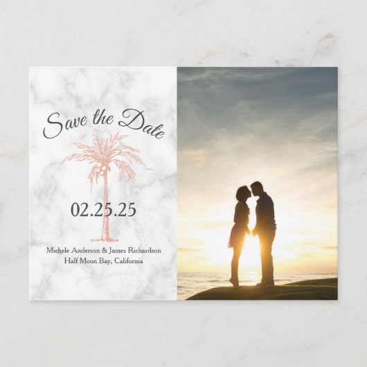 Carte Postale Faire-part Rose Gold Palm Tree Marble Mariage Enregistrer Dat (Devant)