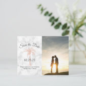 Carte Postale Faire-part Rose Gold Palm Tree Marble Mariage Enregistrer Dat (Debout devant)