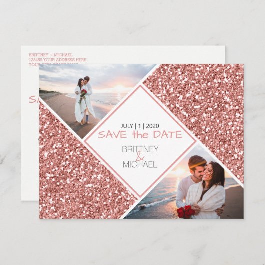 Carte Postale Faire-part Rose Gold Parties scintillant Photo Enregistrer la (Devant / Derrière)