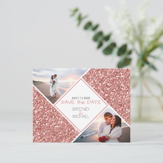 Carte Postale Faire-part Rose Gold Parties scintillant Photo Enregistrer la (Debout devant)