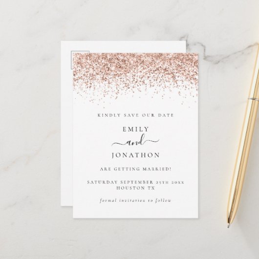 Carte Postale Faire-part Rose Gold Parties scintillant Script Élégant Enreg (Devant/Arrière en situation)