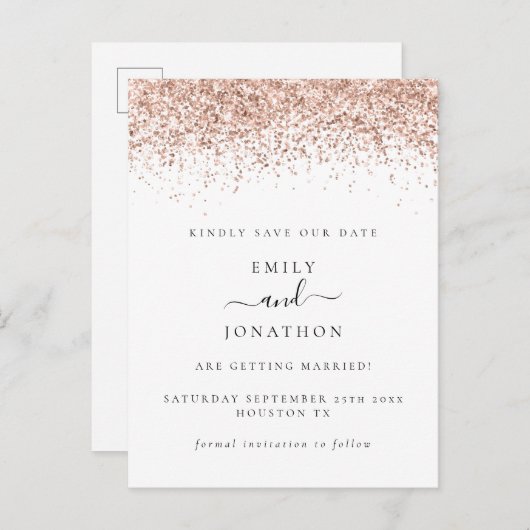 Carte Postale Faire-part Rose Gold Parties scintillant Script Élégant Enreg (Devant / Derrière)