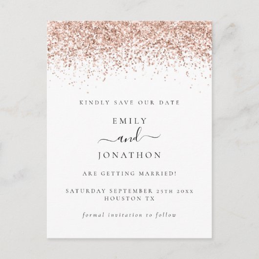 Carte Postale Faire-part Rose Gold Parties scintillant Script Élégant Enreg (Devant)