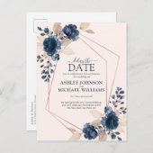 Carte Postale Faire-part Rose Gold Poussière Rose Navy Fleurs Retarder La D (Devant / Derrière)