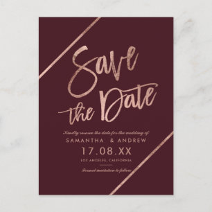 Carte Postale Faire-part Rose gold rouge burgundy écriture save the date
