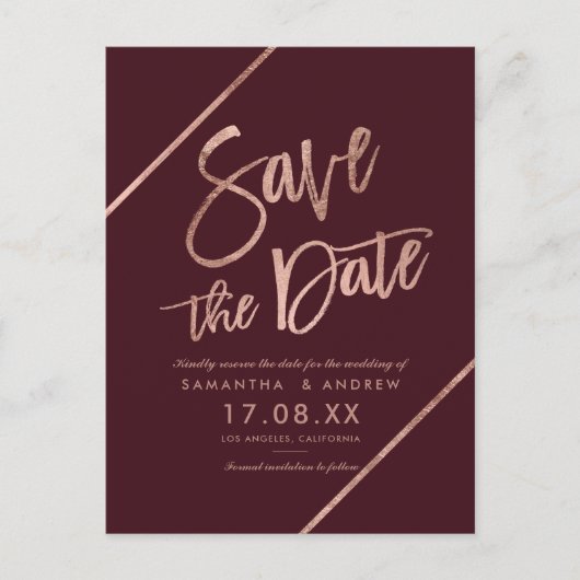 Carte Postale Faire-part Rose gold rouge burgundy écriture save the date (Devant)