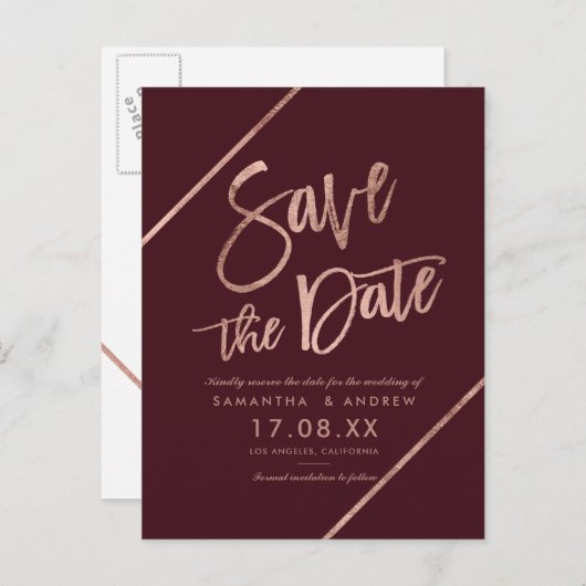 Carte Postale Faire-part Rose gold rouge burgundy script save the date (Devant / Derrière)