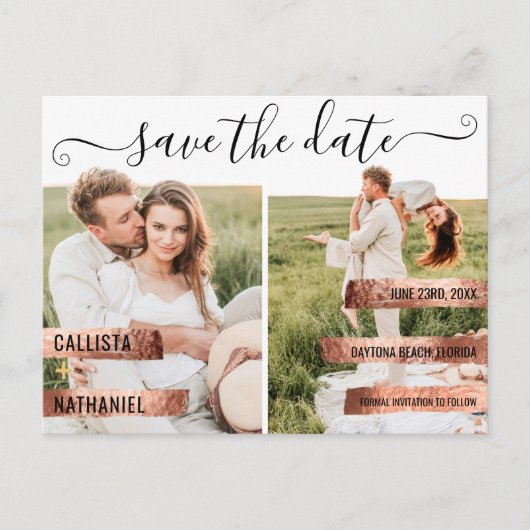 Carte Postale Faire-part Rose Gold Signature Script Photo Enregistrer la da (Devant)