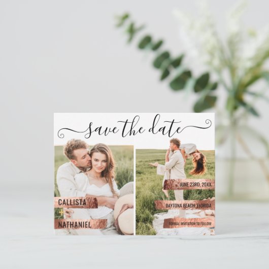 Carte Postale Faire-part Rose Gold Signature Script Photo Enregistrer la da (Debout devant)