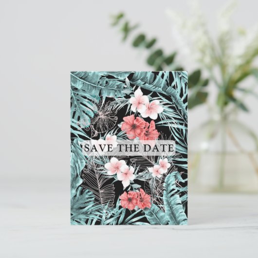 Carte Postale Faire-part Rose Gold Tropicale Élégant Botanique Enregistrer  (Debout devant)