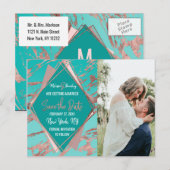 Carte Postale Faire-part Rose Gold Turquoise Green Marble Diamant Date de s (Devant / Derrière)