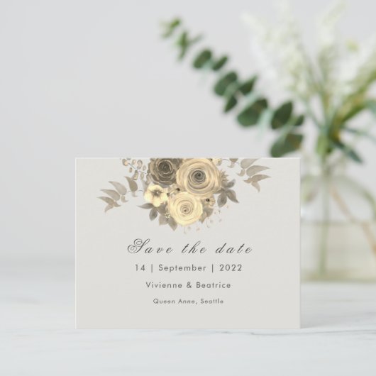 Carte Postale Faire-part Rose jaune enregistrer la date mariage élégant (Debout devant)