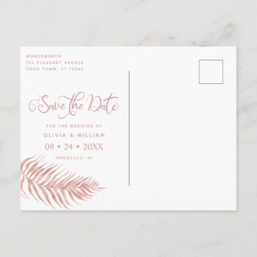 Carte Postale Faire-part Rose moderne Mariage feuille or Palm  (Dos)
