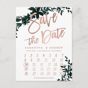 Carte Postale Faire-part Rose or fleuri blanc calendrier enregistrer la dat