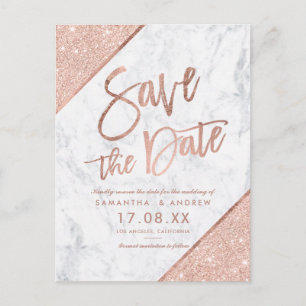 Carte Postale Faire-part Rose or parties scintillant script marbre enregist