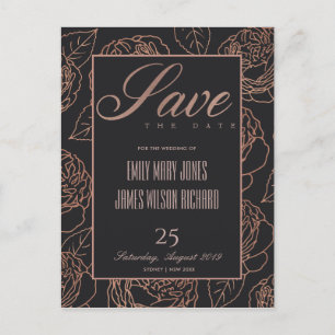 CARTE POSTALE FAIRE-PART ROSE PÂLE MÉTALLISÉ NOIR FLORAL SAVE OUR DATE