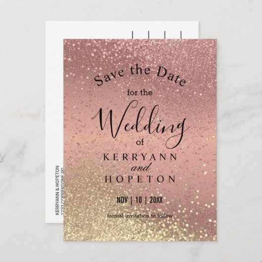 Carte Postale Faire-part Rose & Parties scintillant Gold - Enregistrer La D (Devant / Derrière)