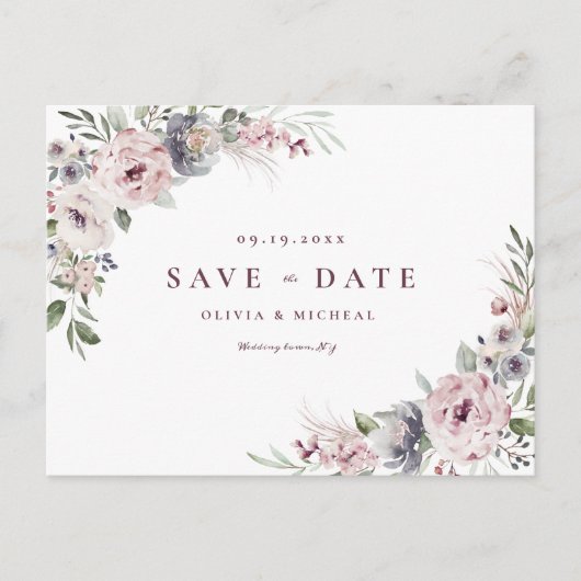 Carte Postale Faire-part Rose poudré rustique bohème floral save the date (Devant)