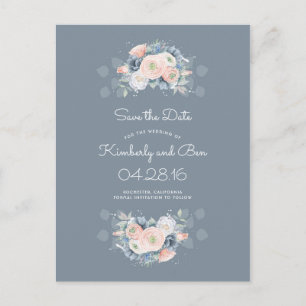 Carte Postale Faire-part Rose Poussiéreux et Fleurs Bleu Clair Enregistrer
