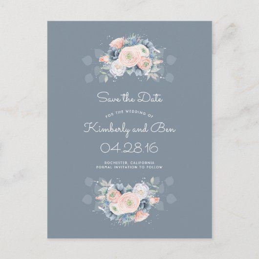 Carte Postale Faire-part Rose Poussiéreux et Fleurs Bleu Clair Enregistrer (Devant)