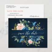 Carte Postale Faire-part Rose Rose Bohème Rose Écarlate Bleu Marine Enregis (Devant / Derrière)