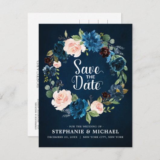 Carte Postale Faire-part Rose Rose Bohème Rose Écarlate Bleu Marine Enregis (Devant / Derrière)